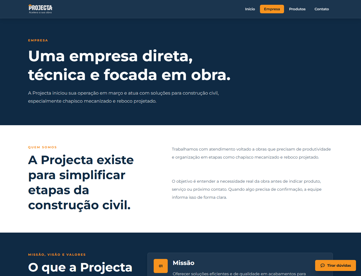 Captura da página sobre a empresa no site Projecta Soluções
