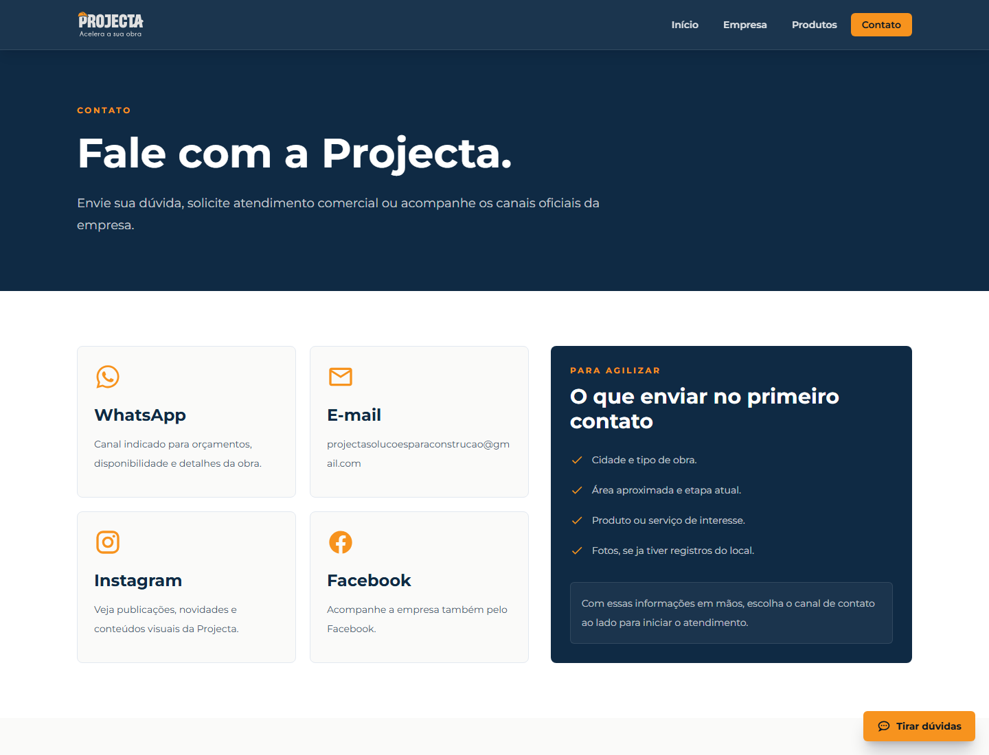 Captura da página de contato do site Projecta Soluções