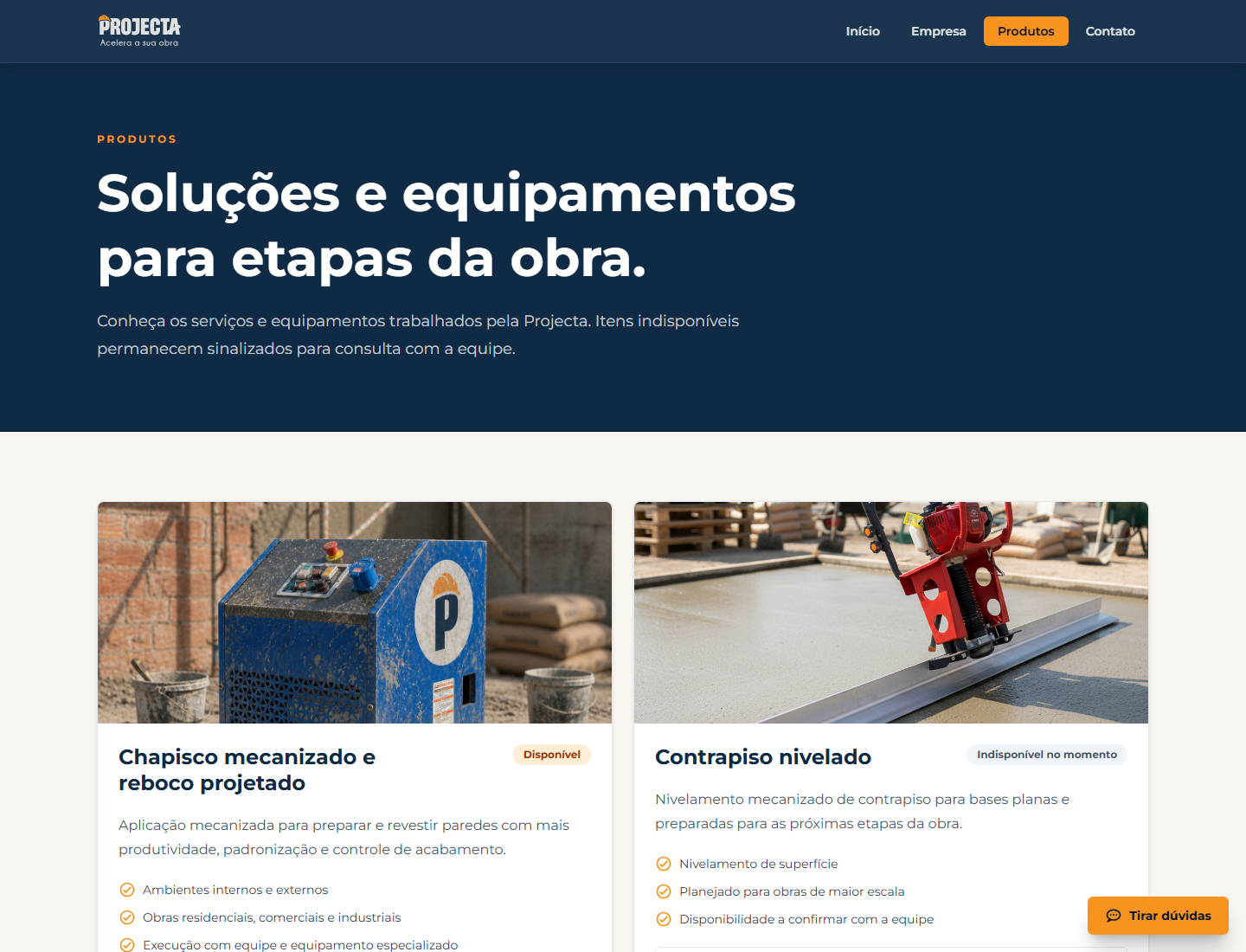 Captura da página de produtos do site Projecta Soluções